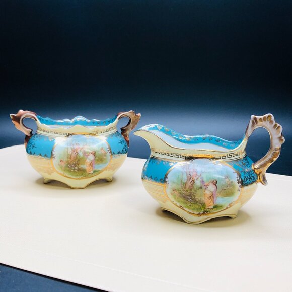 Antique Imperial Crown Austria Porcelain Creamer & Sugar Set: Cherub Tapestry - Picture 3 of 14